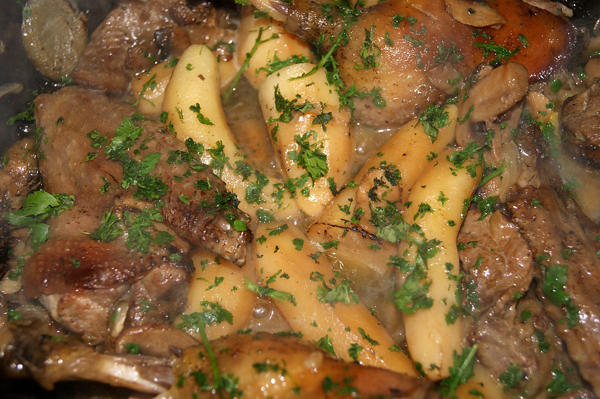 recette Canette au wok, champignons et rattes flambée.