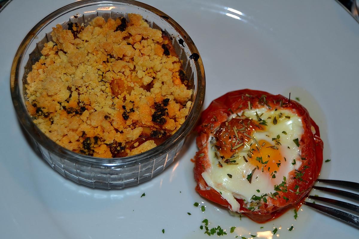 recette Œuf en Cocotte de Tomate et Crumble Pommes de terre au chorizo