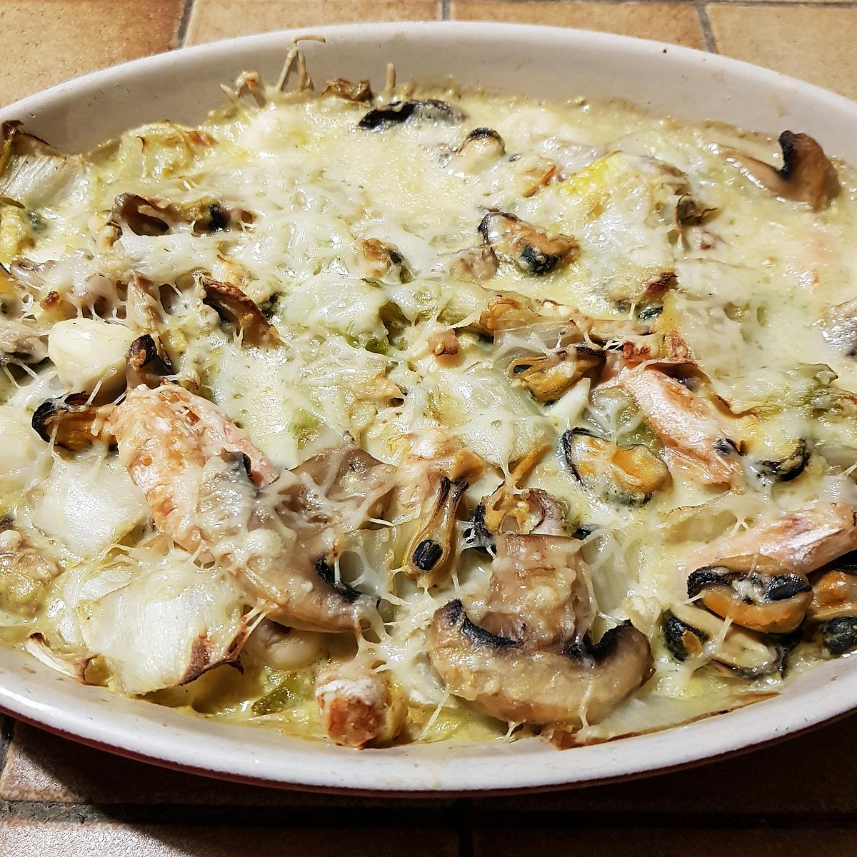 recette Gratin aux fruits de mer, aux endives et aux champignons