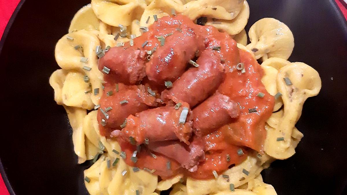 recette Farfalles aux Merguez et sa sauce tOmate aux pOivrOns