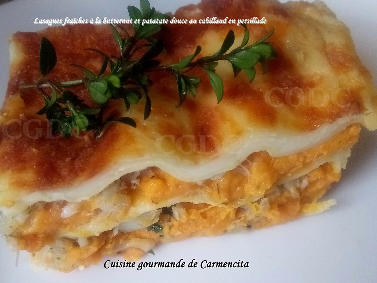 recette Lasagnes fraîches à la butternut et patate douce au cabillaud en persillade