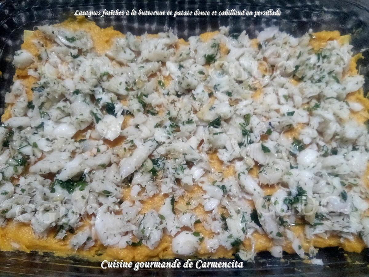 recette Lasagnes fraîches à la butternut et patate douce au cabillaud en persillade