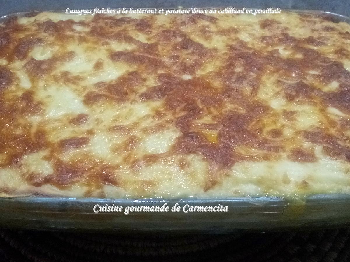 recette Lasagnes fraîches à la butternut et patate douce au cabillaud en persillade