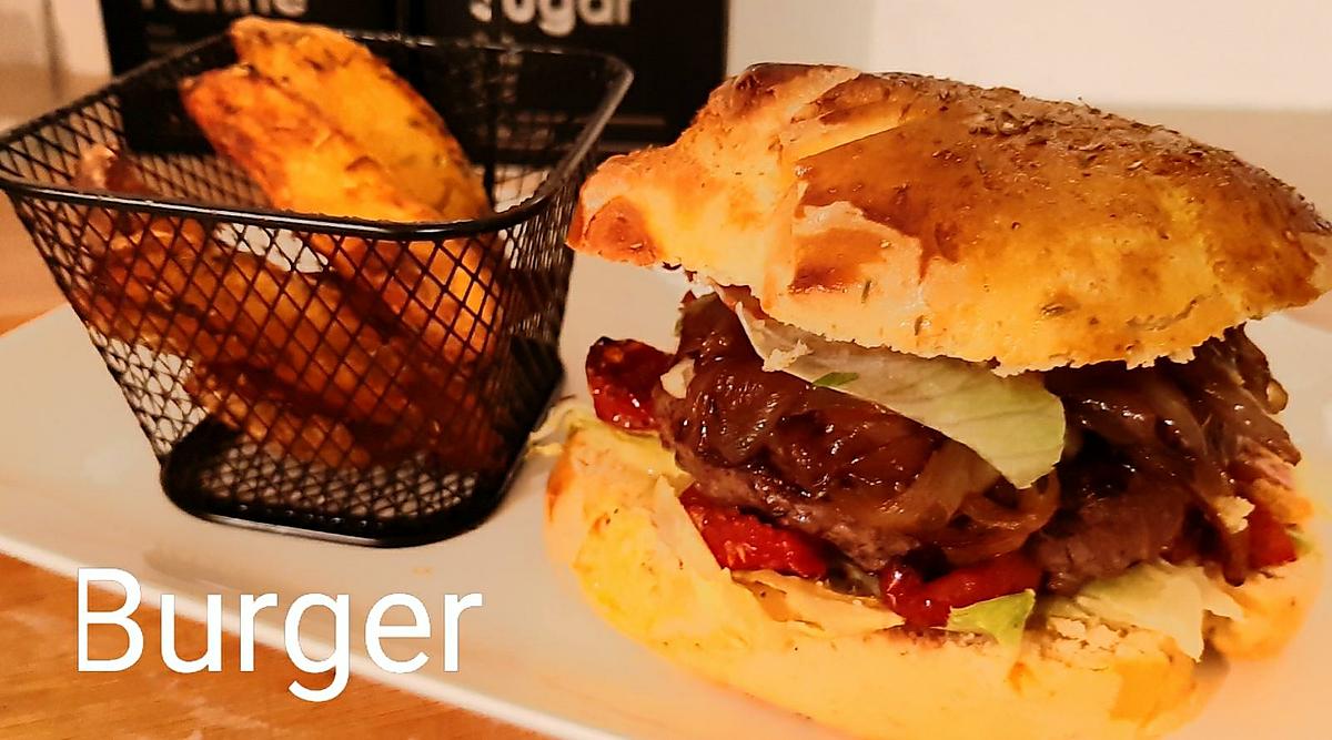 recette Burger ( tomates cerises confites et confit d' échalotes au thym )