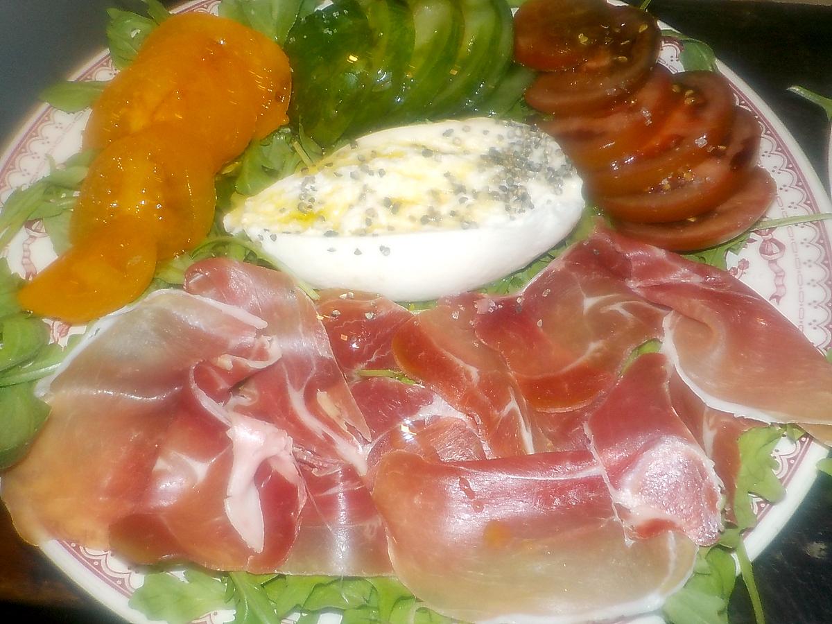 recette Salade roquette,burrata pugliese,jambon de parme,tomates