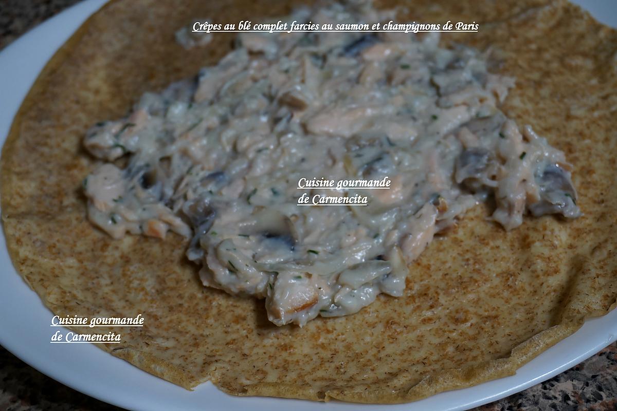 recette Crêpes au blé complet garnies au saumon frais et champignons de Paris