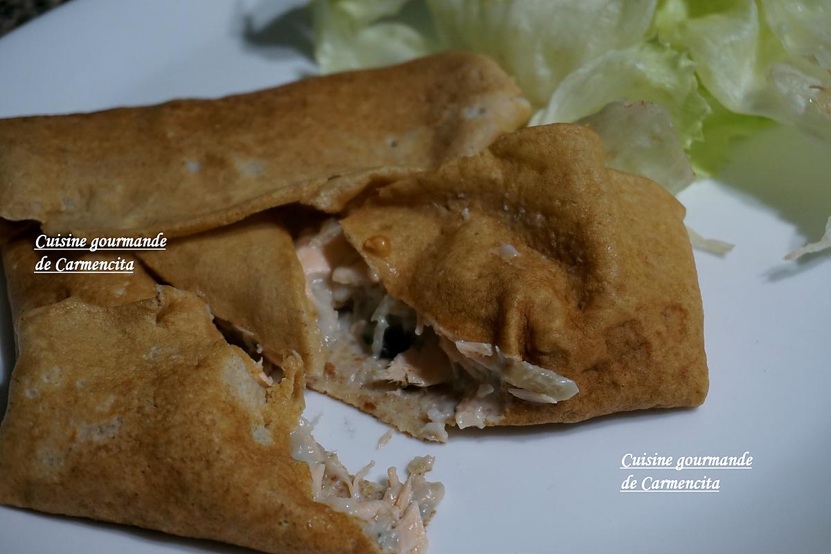 recette Crêpes au blé complet garnies au saumon frais et champignons de Paris