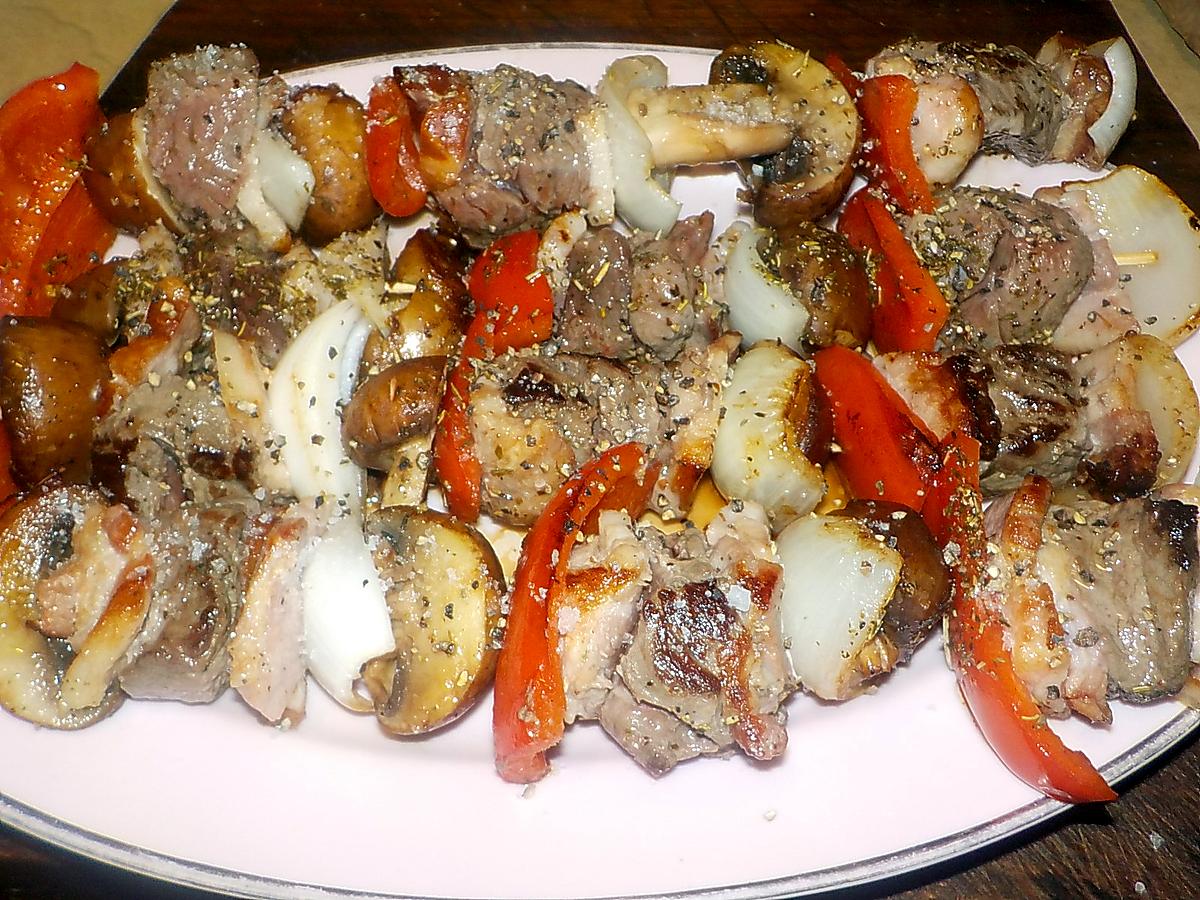 recette Brochettes de boeuf,lard,champignons,poivron rouge,oignon