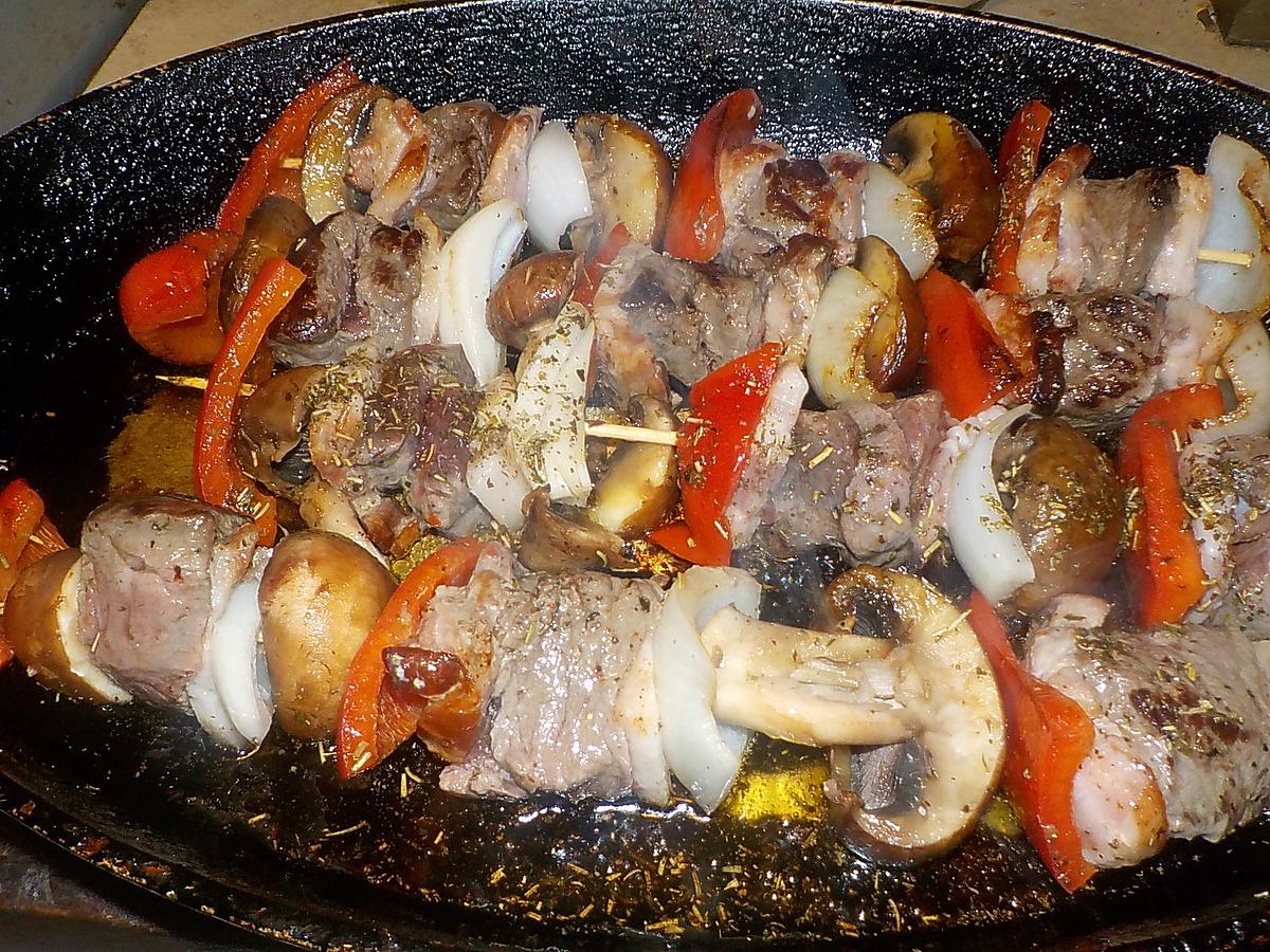 recette Brochettes de boeuf,lard,champignons,poivron rouge,oignon