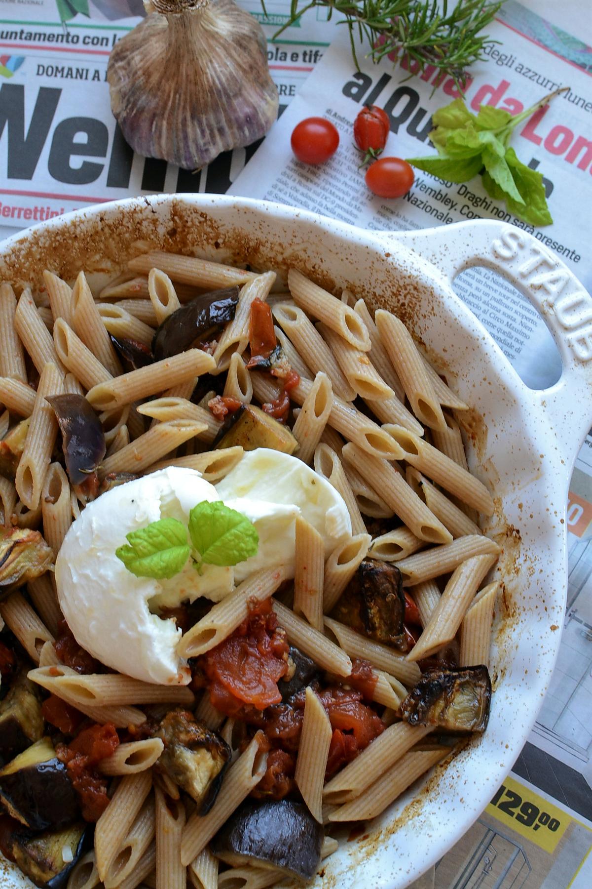 recette Pâtes tomates aubergine rôtis au  four