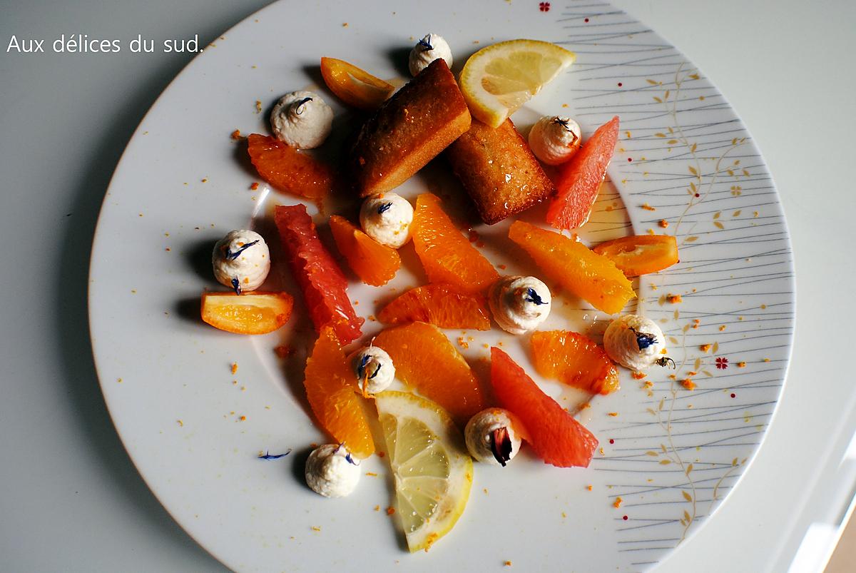 recette Dessert vitaminé , agrumes , miel et financiers à l'amande amère .