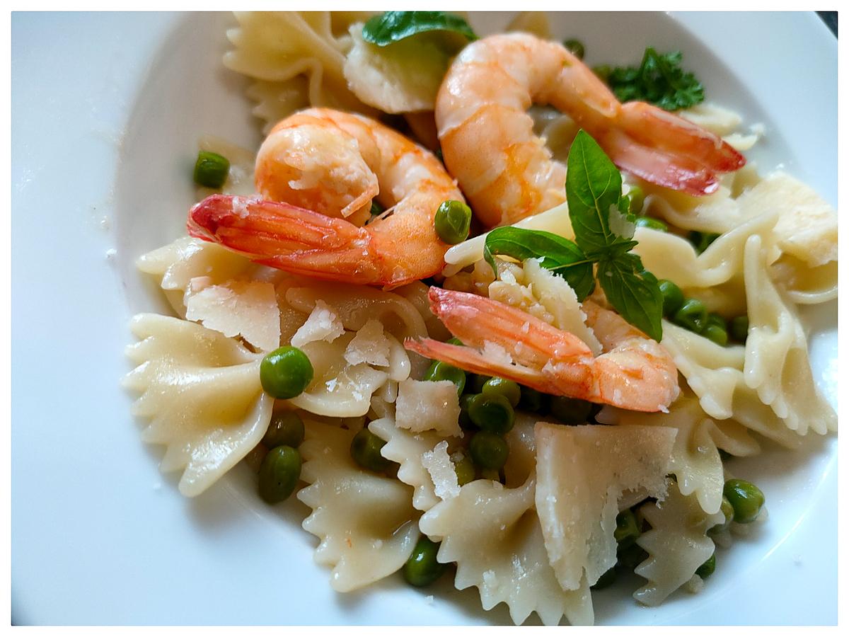 recette Farfalles aux crevettes et aux petits pois