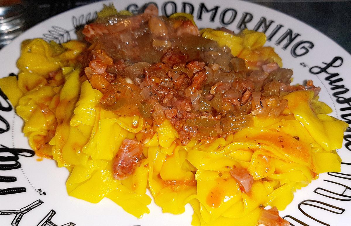 recette Tagliatelles à la compotée de poivrons et lardons de chorizo (MARIE3411)