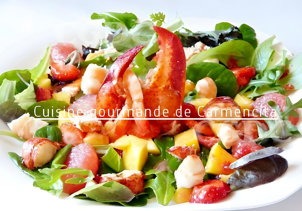 recette Salade de homard et crevette à la vinaigrette de framboises et fraises