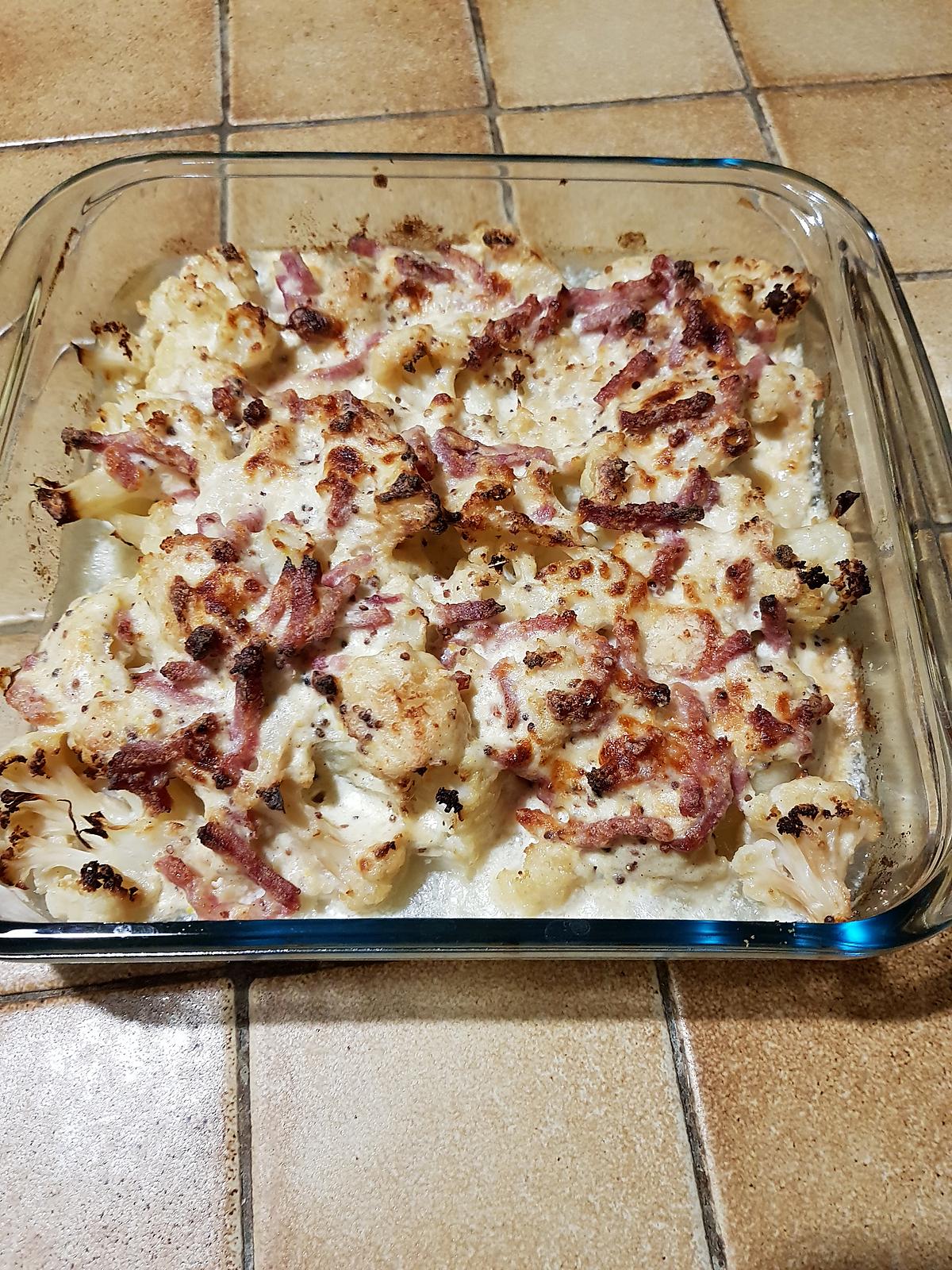 recette Gratin de chou fleur aux lardons, parmesan et moutarde à l'ancienne