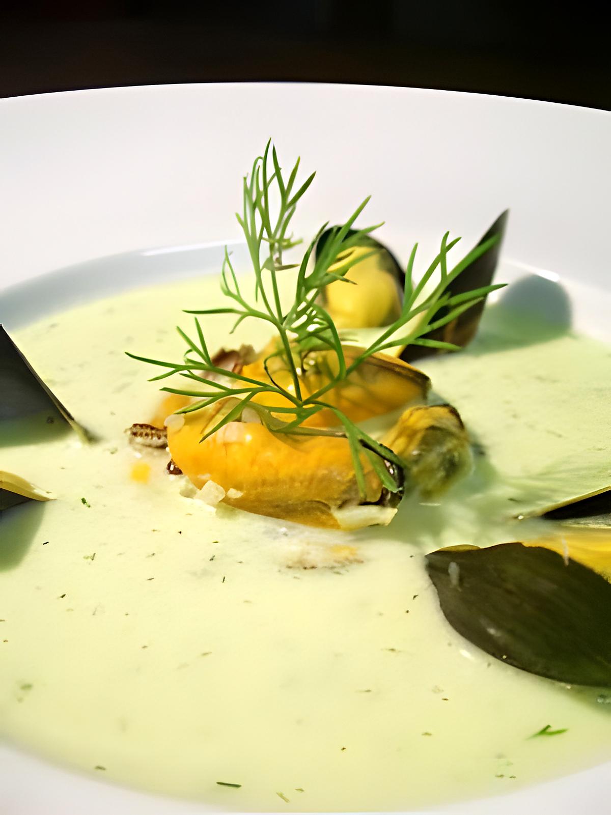 recette Potage glacé au concombre, moules et aneth...