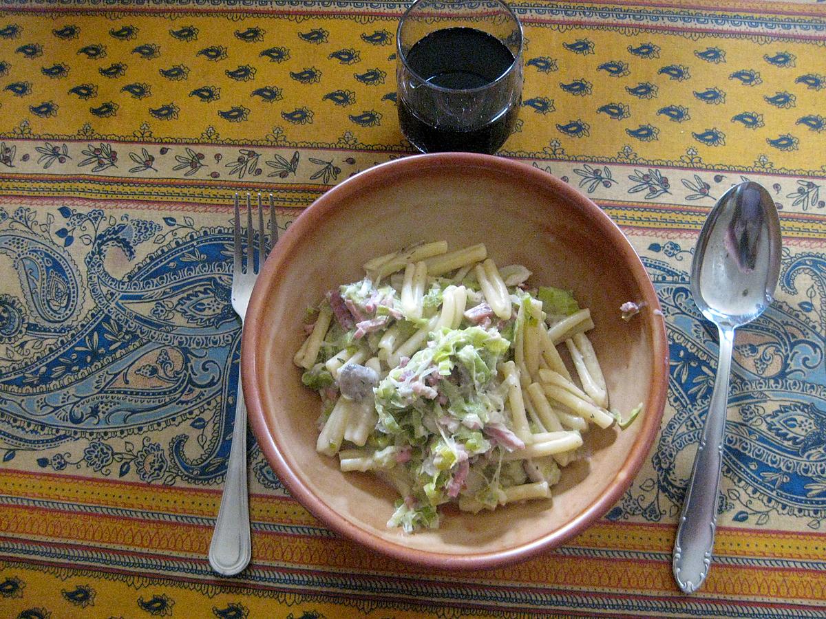 recette Pâtes à la crème poireaux-lardons-champignons blonds