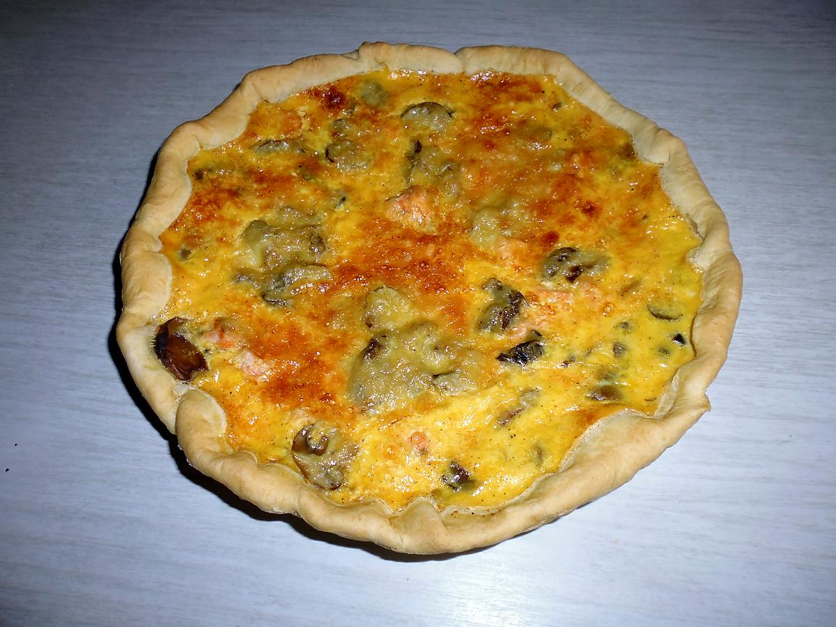 recette Quiche au saumon frais, crevettes roses et champignon de Paris émincés