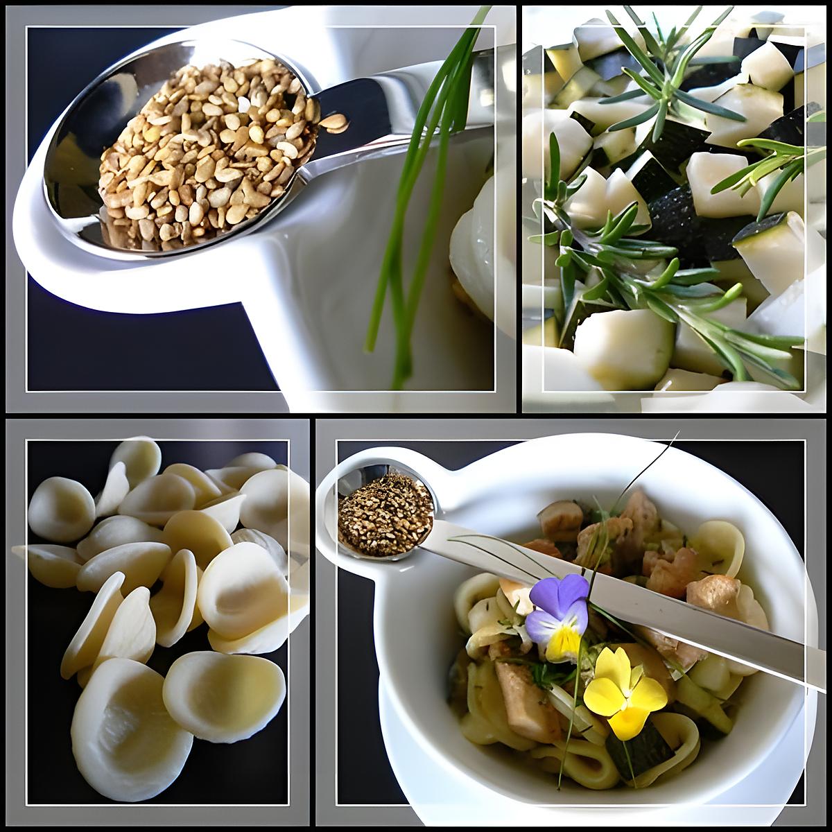 recette SALADE TIEDE D'ORECCHIETTE, COURGETTES, POULET ET SESAME