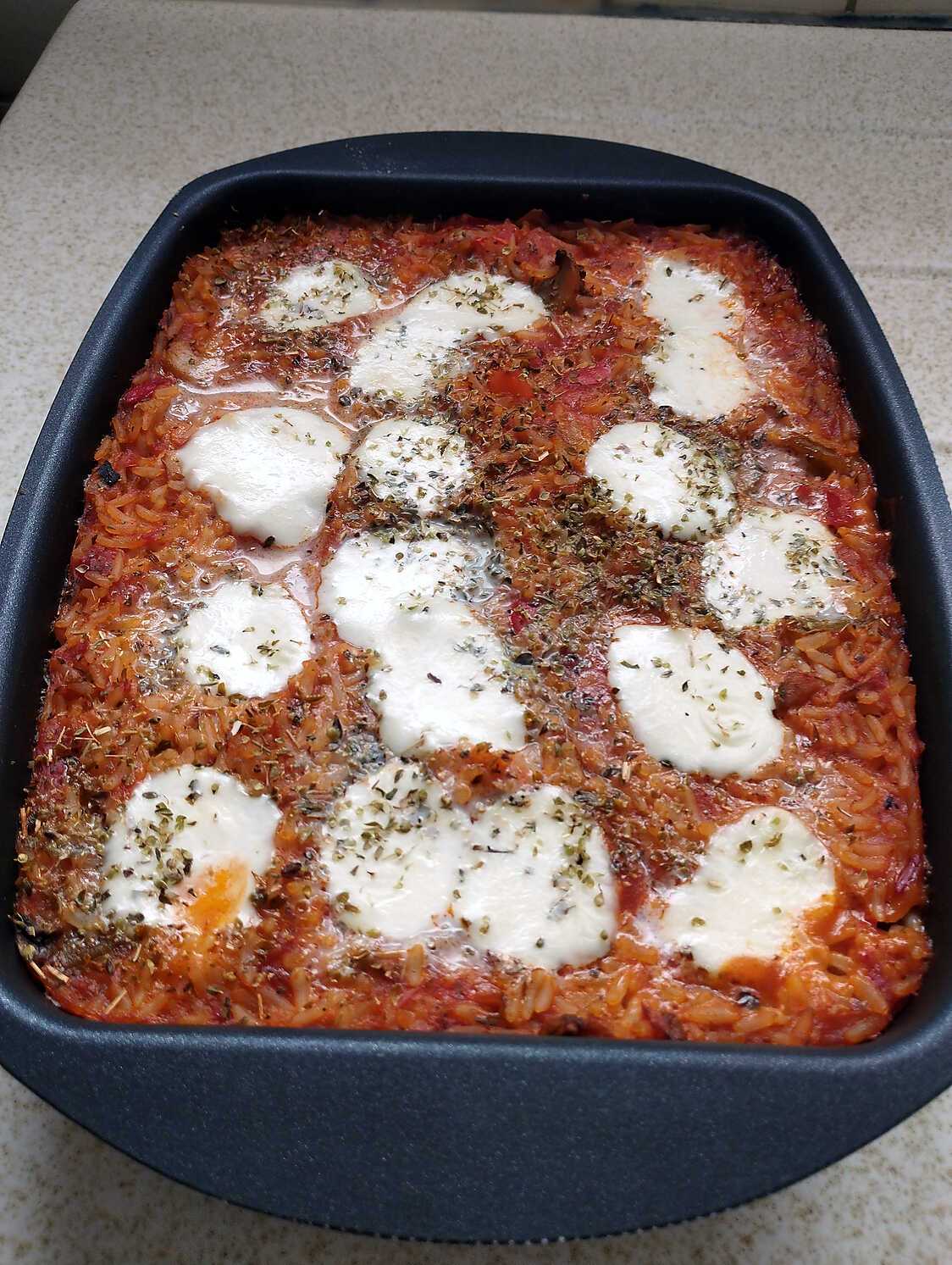 Recette de Gratin de riz façon pizza au cake factory