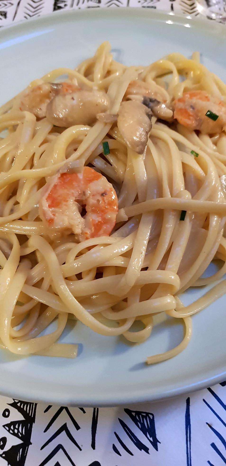 recette Linguines aux crevettes et aux champignons