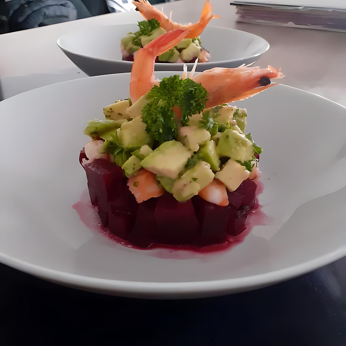 recette Timbale betteraves à l'avocat crevettes