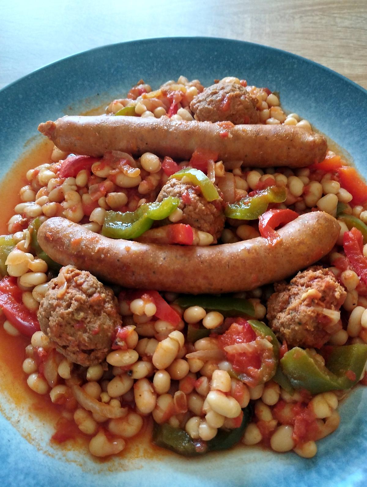 recette haricot blanc saucisses chorizo et boulettes de boeuf ao cookéo