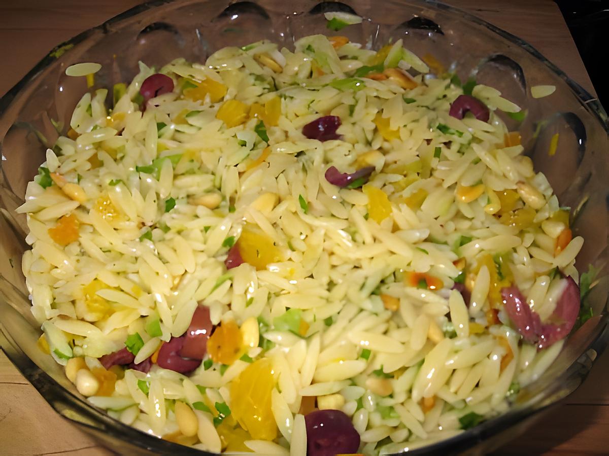 recette Orzo parfumé à l'orange, aux abricots séchés et aux olives