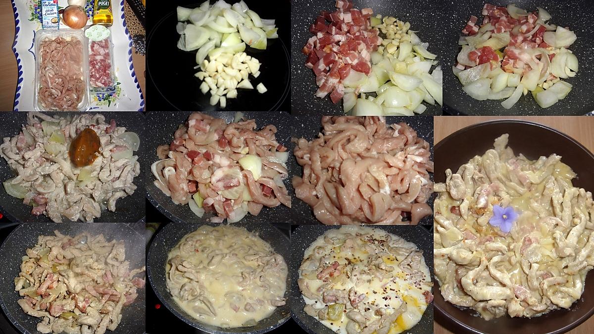 recette Emincé de dinde à la crème fraiche.lardons fumés.