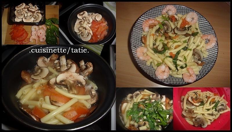 recette Macaroni,champignons,tomate,crevettes au basilic.