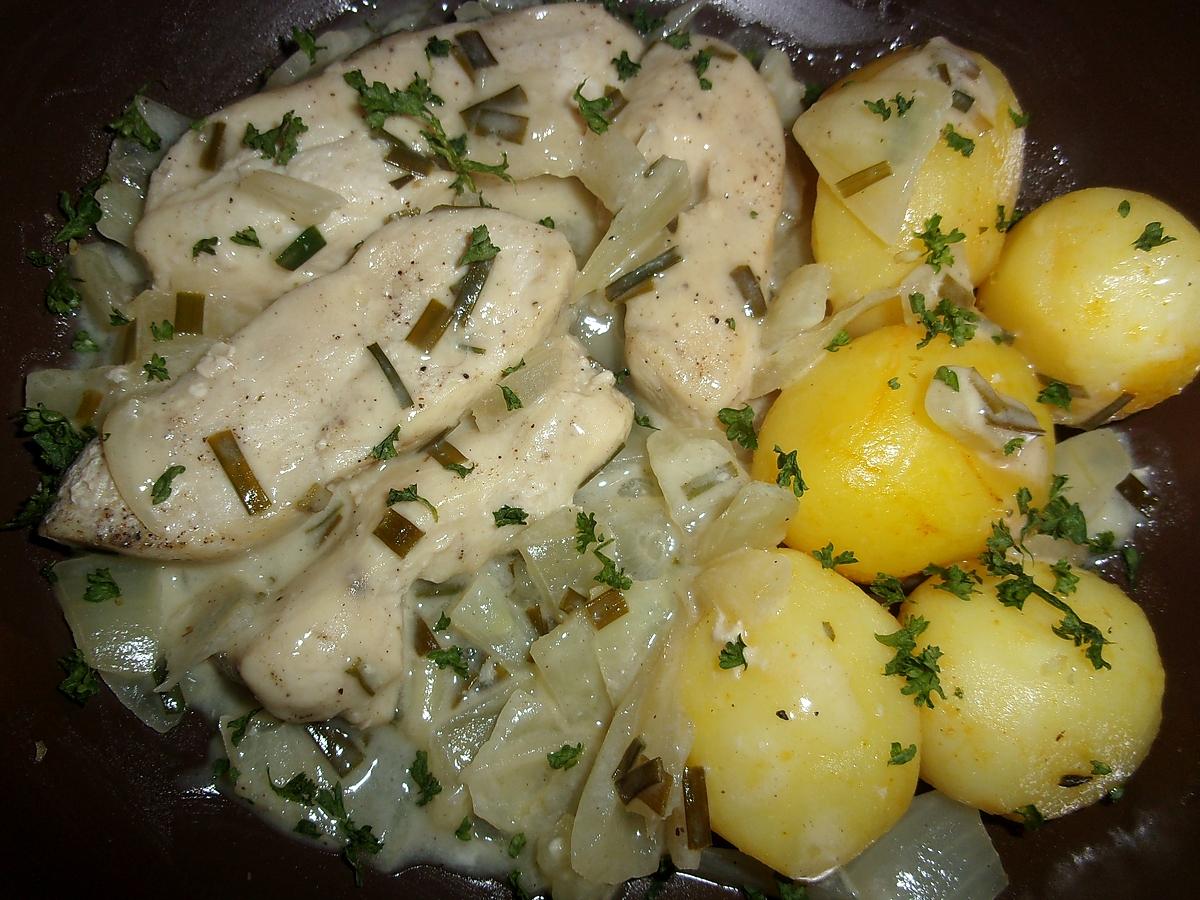 recette Filet tranché de poulet.vin blanc.crème fraiche.ciboulette.