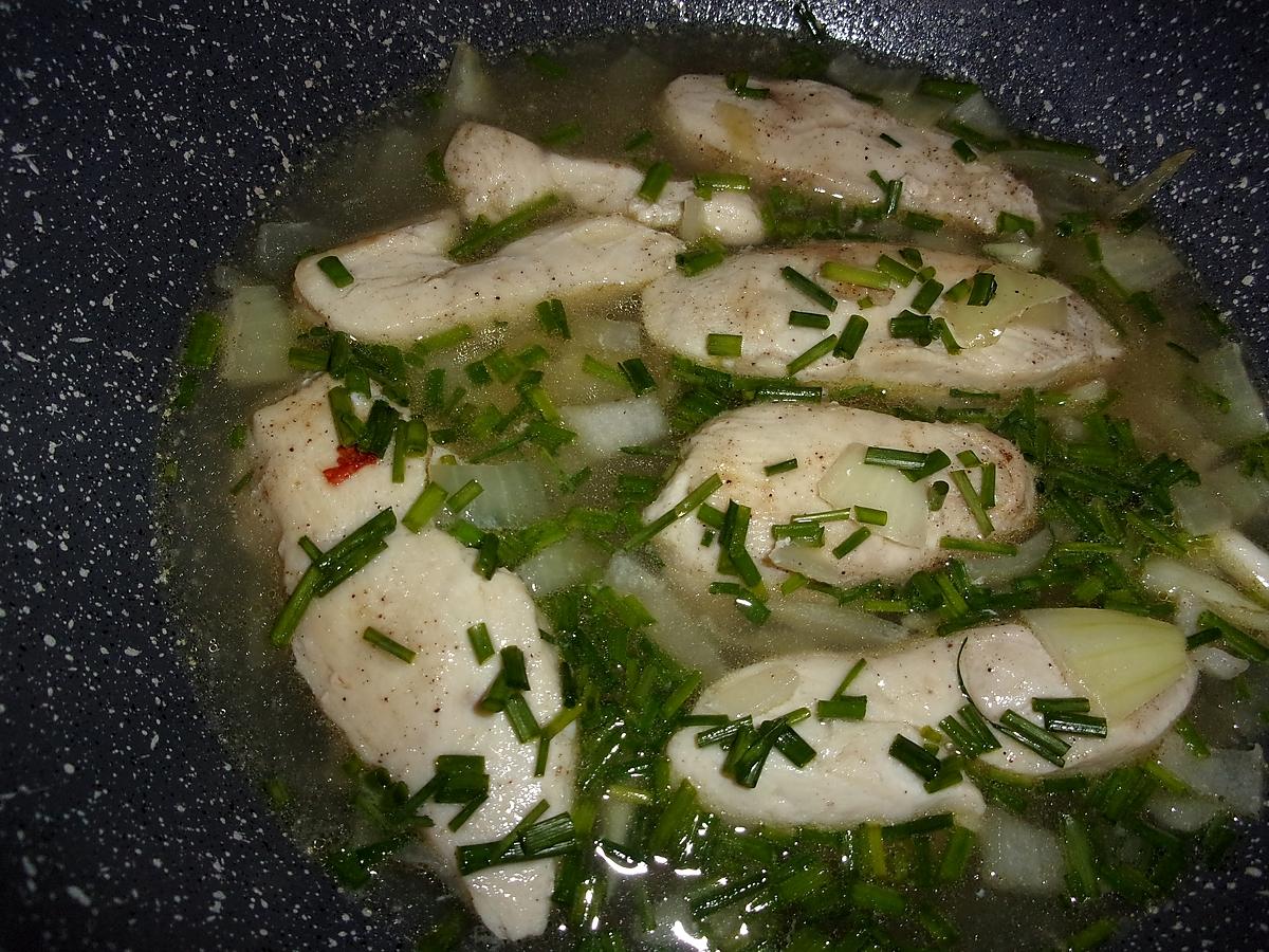 recette Filet tranché de poulet.vin blanc.crème fraiche.ciboulette.