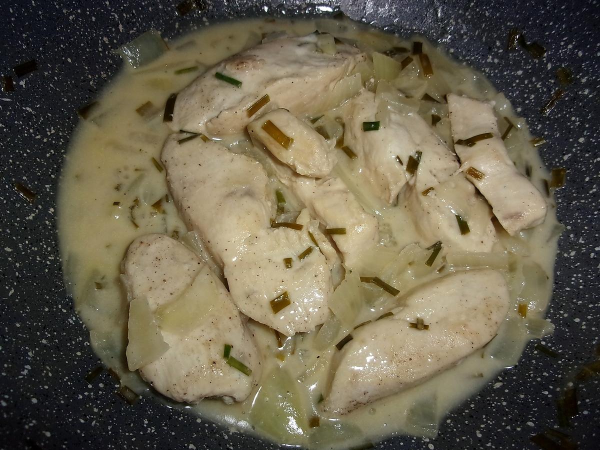 recette Filet tranché de poulet.vin blanc.crème fraiche.ciboulette.