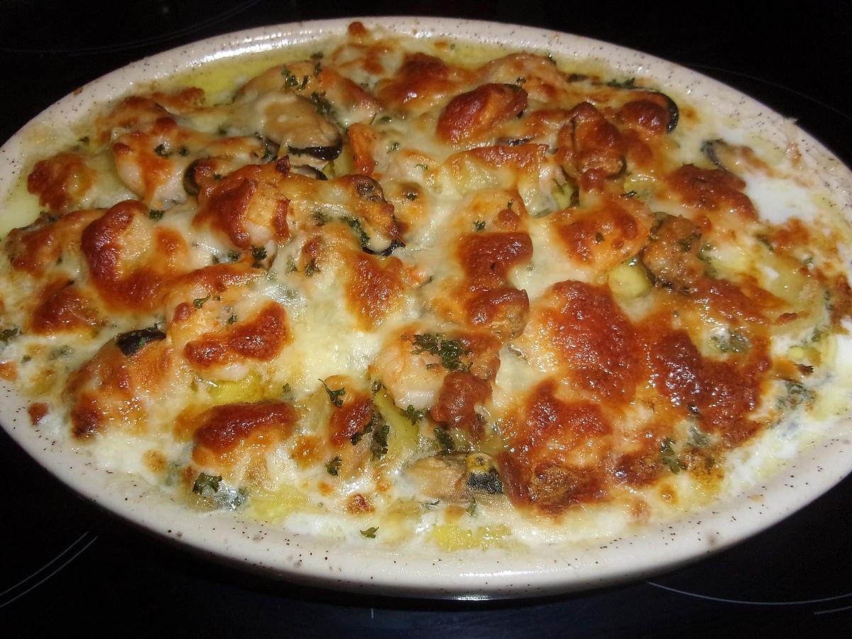 recette Gratin de p de terre,aux crustacés,mozzarella.