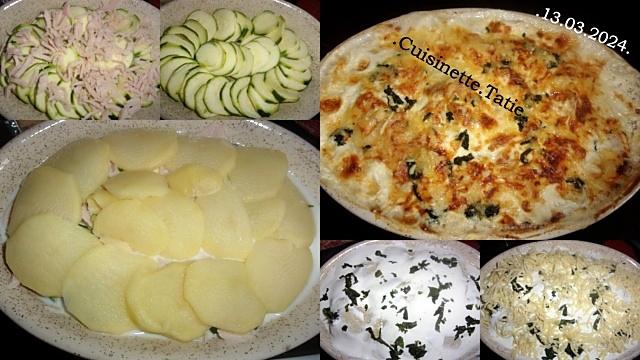 recette Gratin de courgette,pomme de terre,jambon de poulet.