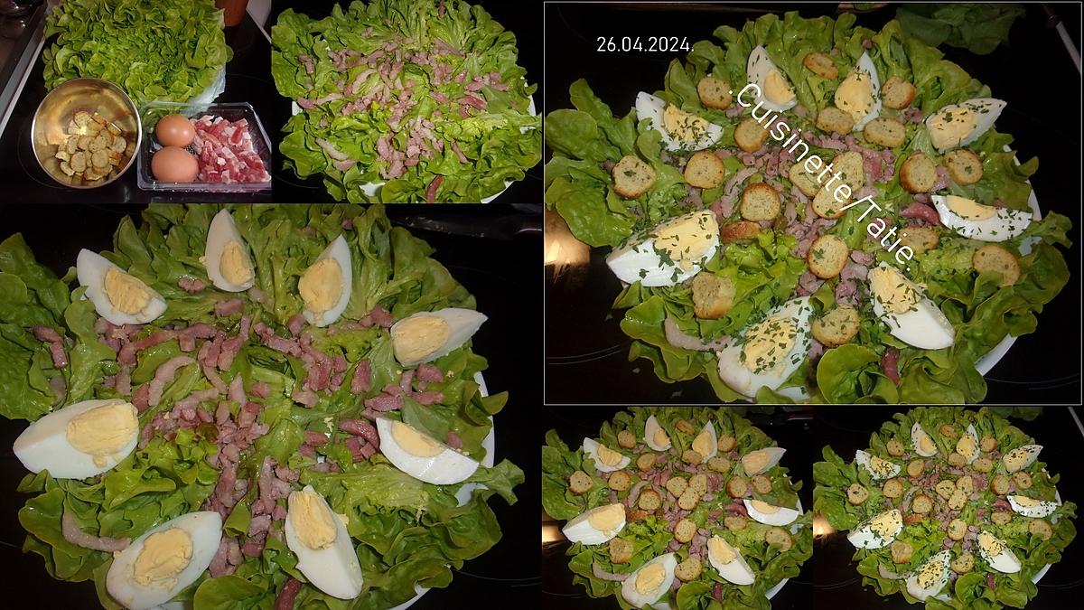 recette Salade verte composées de lardons,oeufs,croûtons ailés.