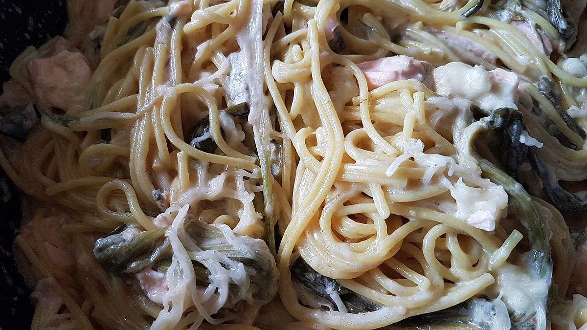 recette Spaghettis aux poireaux et au saumon