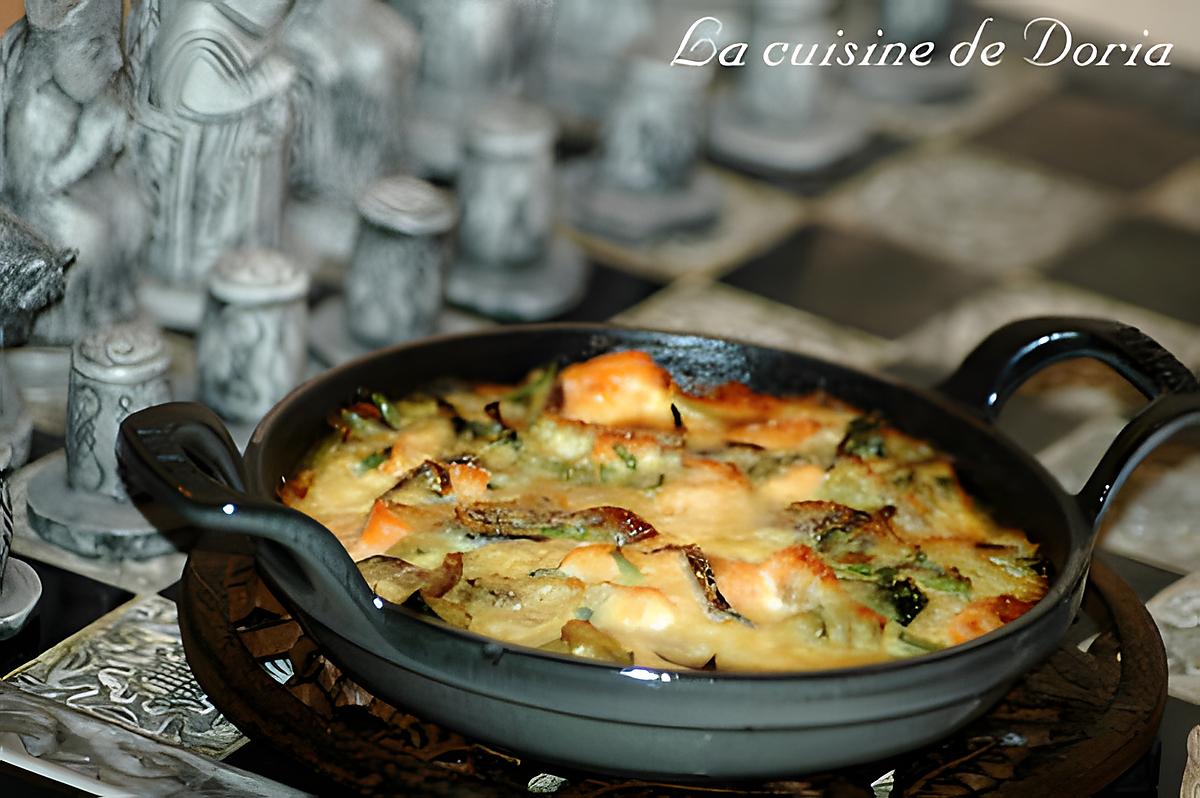 recette Gratin de saumon aux courgettes et oignon rouge