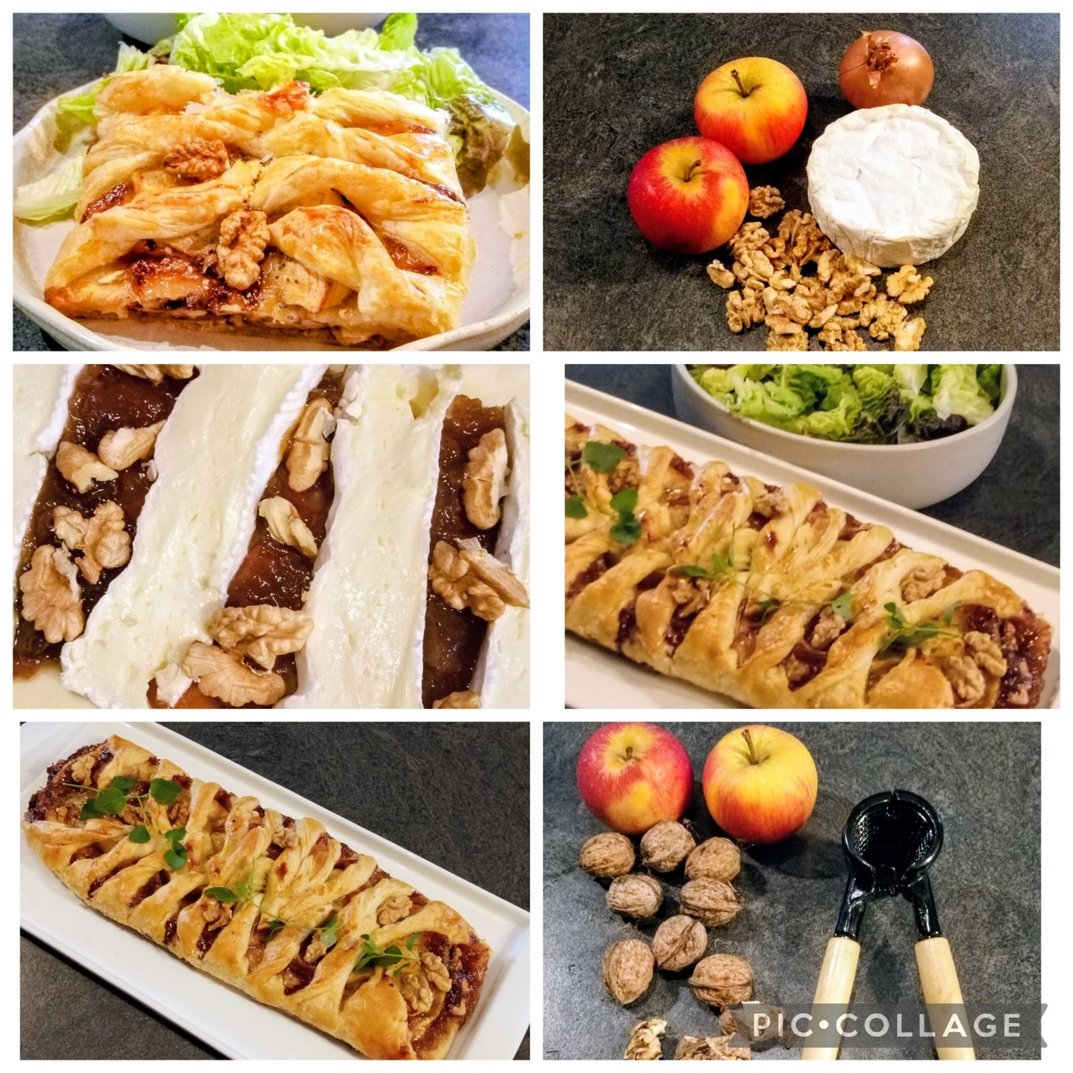 recette TRESSE FEUILLETÉE AU CAMEMBERT/CONFIT D'OIGNON/POMMES & NOIX.