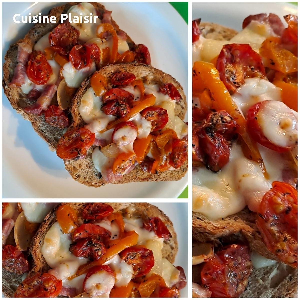 recette Tartines à la scamorza, lardons, tomates cerises & poivron jaune
