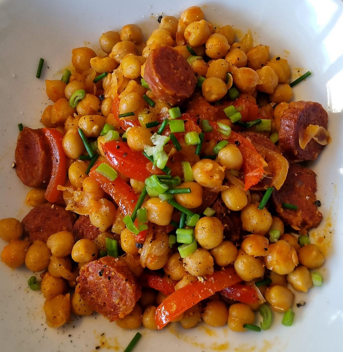 recette Pois chiches poivron chorizo oignon nouveau au jus de pomme