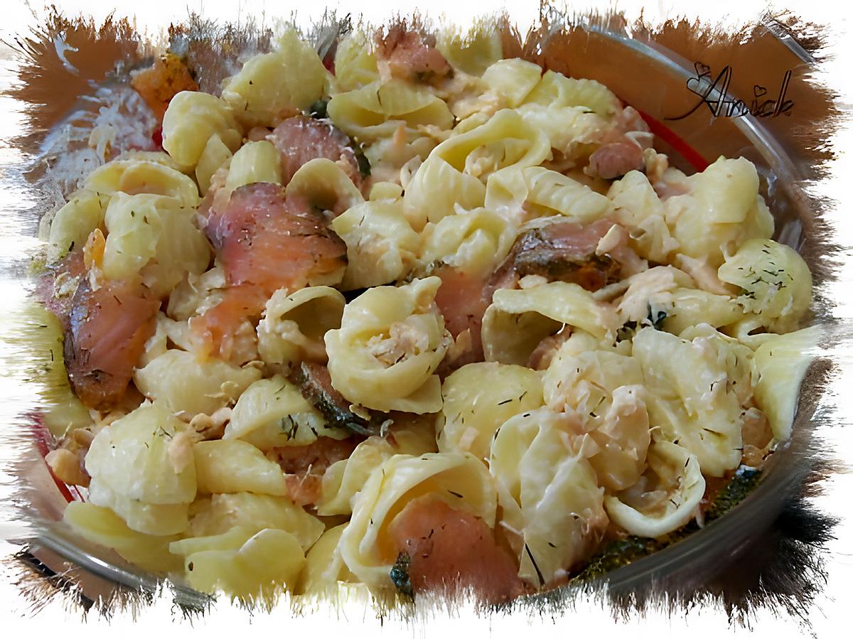 recette conchiglioni ( pâtes gros coquillages ) aux deux saumons , sauce  aneth et zeste de citron