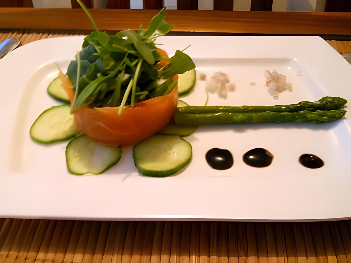 recette Terrine de saumon fumé à la roquette et aux asperges vertes, sauce au miel doux