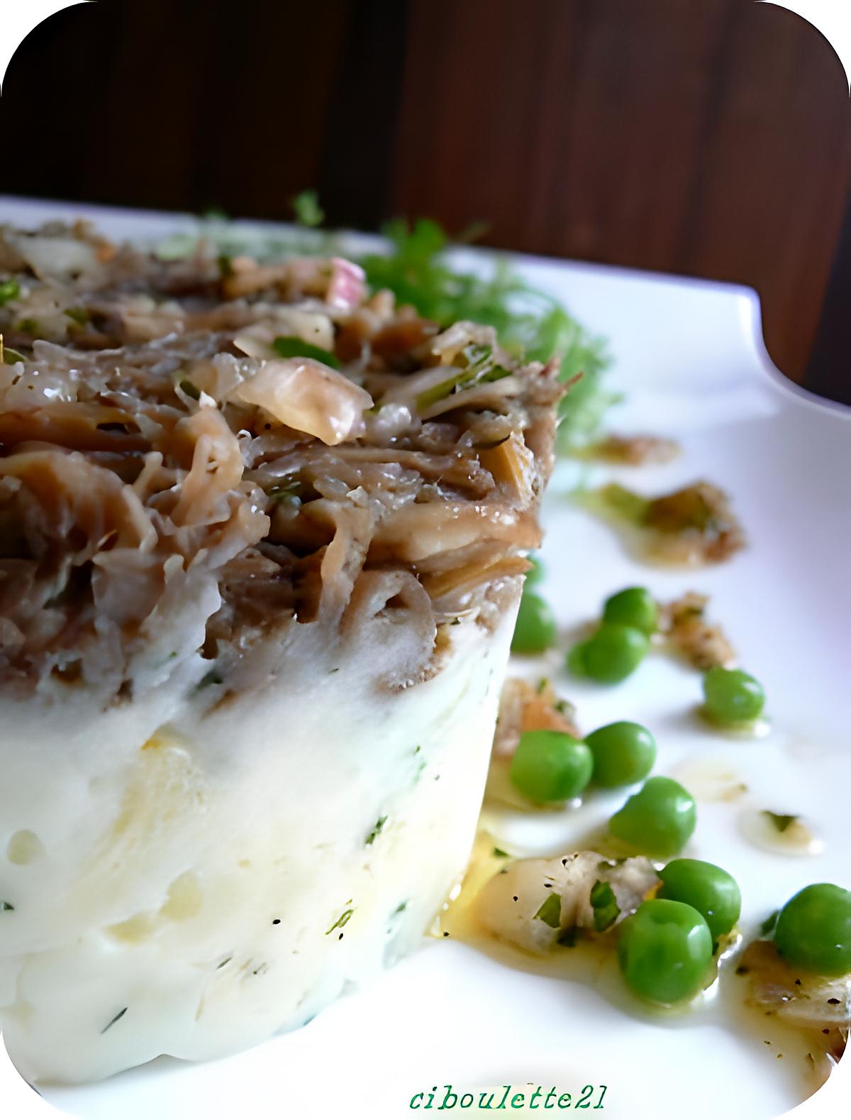 recette PARMENTIER DE CARNARD RENVERSE, VINAIGRETTE ET CONFIT D'ECHALOTES