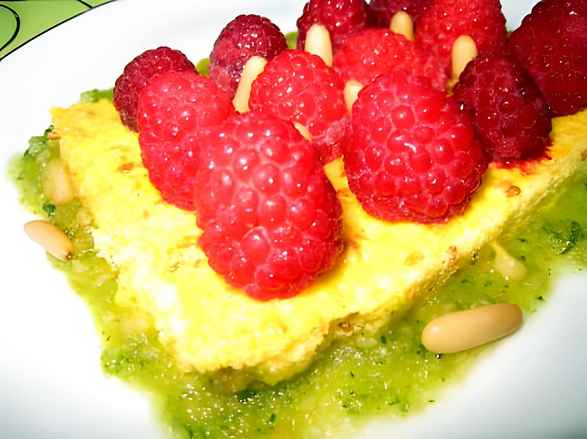 recette Biscuit aux framboises et son pistou sucré au basilic - pignons