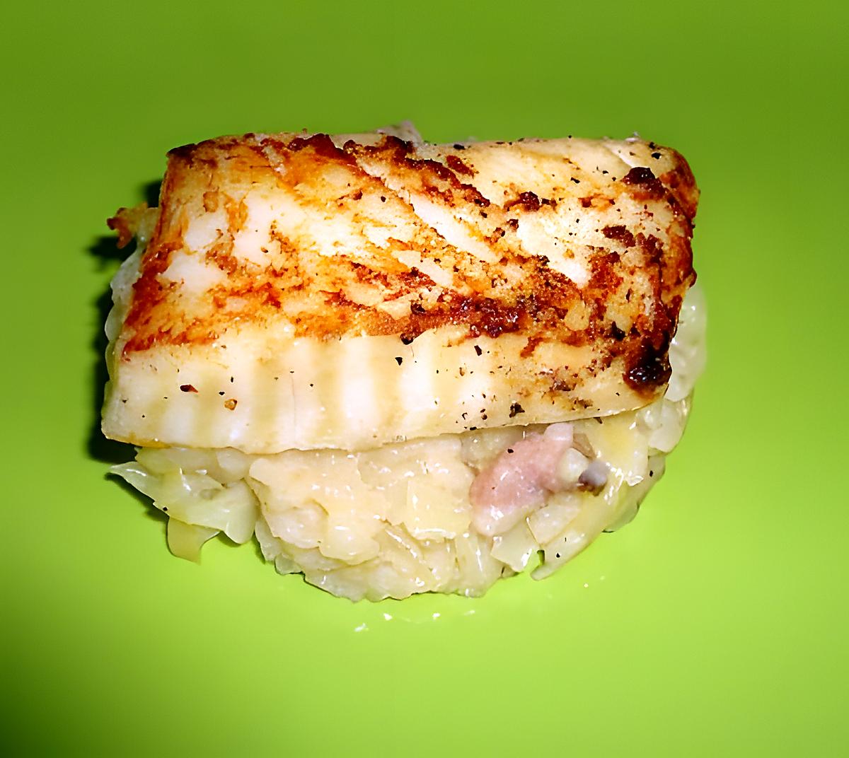 recette CABILLAUD POELE RISOTTO AU CHOU ET LARD FUME