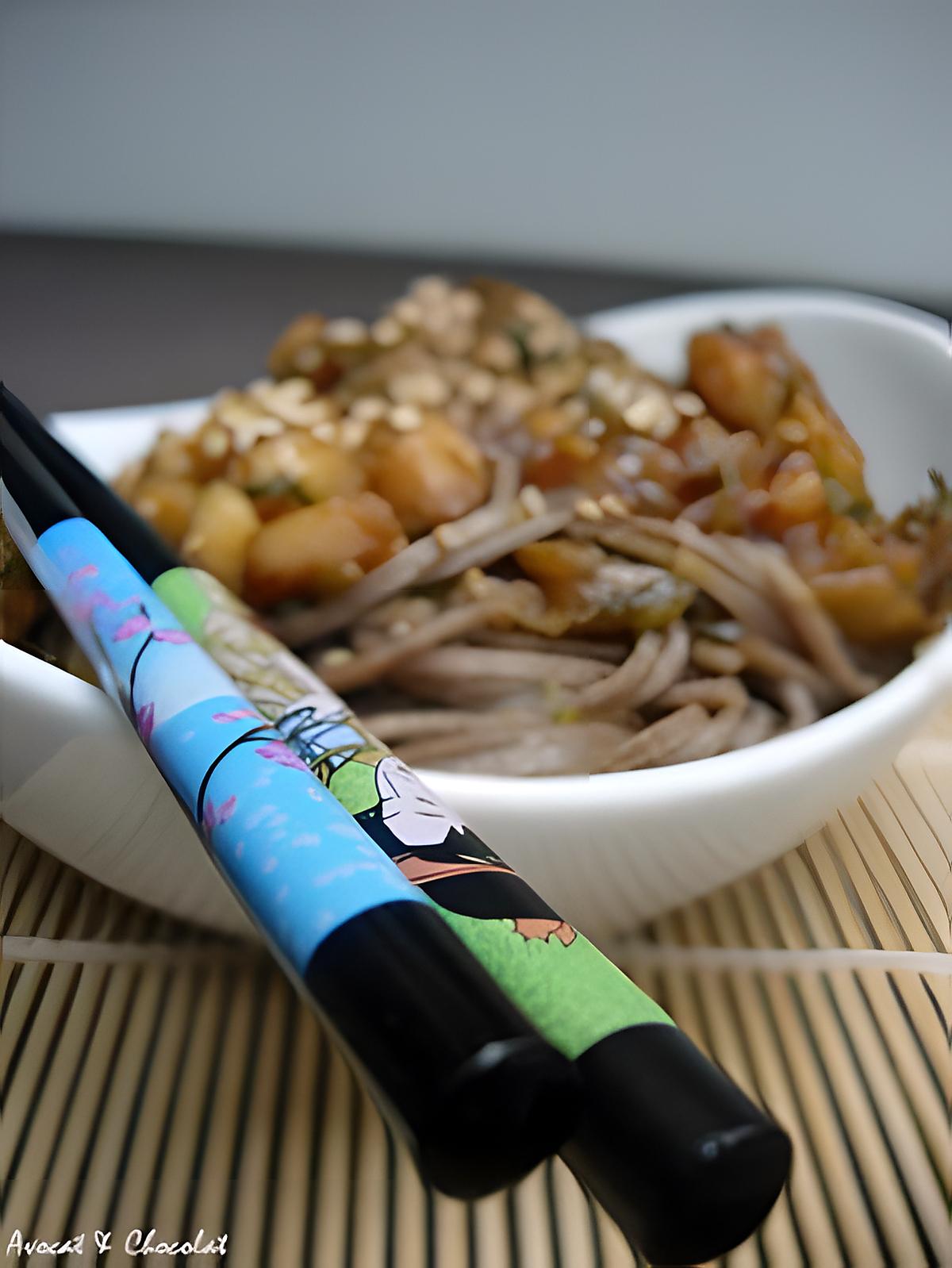 recette ** Nouilles Soba aux pétoncles et courgettes marinées sur un air de yakitori au citron confit **