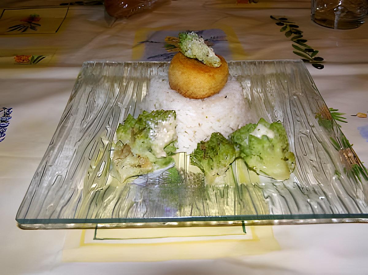 recette chou romanesco avec sont petit pané de chèvre et sont riz