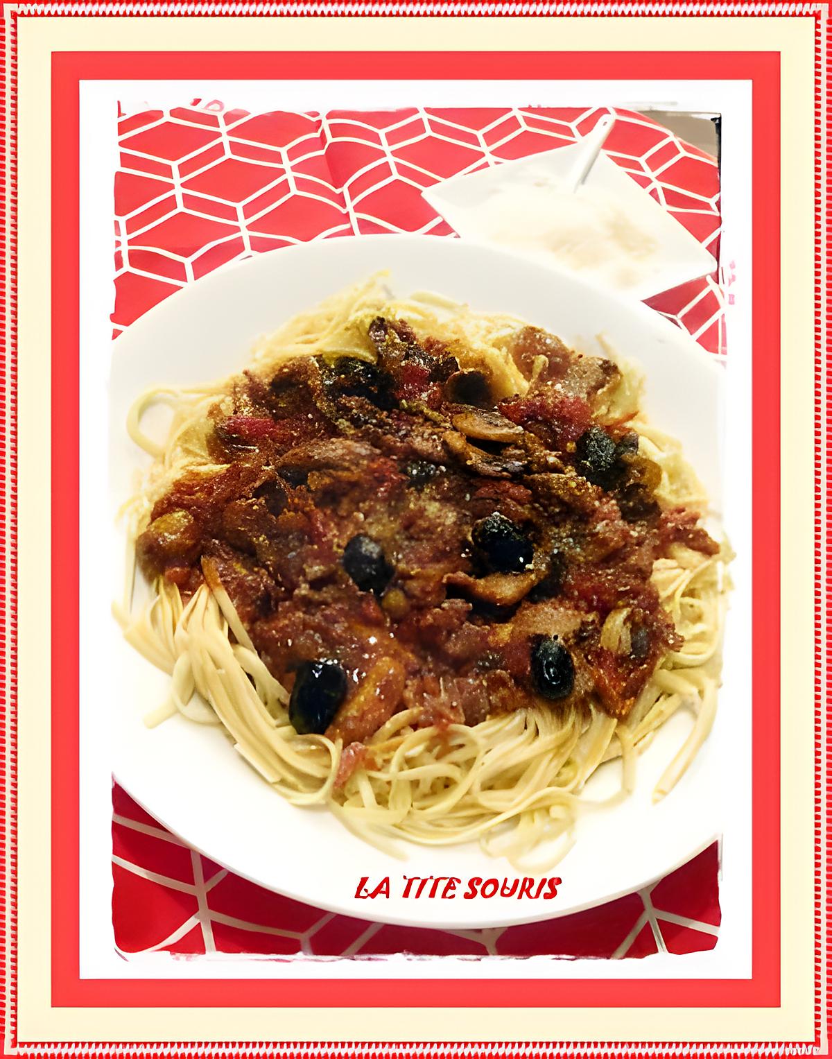 recette SPAGHETTIS TOMATES LARDONS ET CHAMPIGNONS