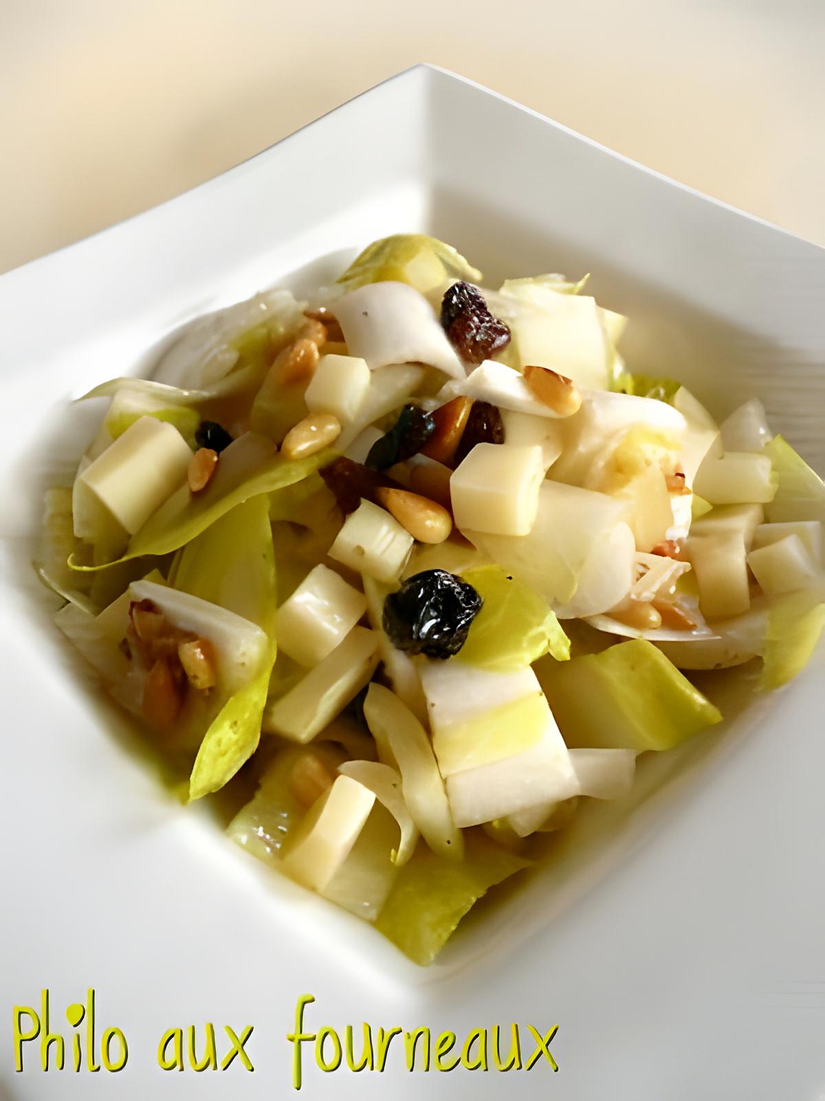 recette Salade d'endives, aux pignons, raisins secs, Ossau-Iraty & miel